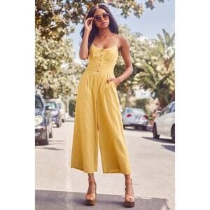 Lulus Coastal Air Mustard Yellow Striped Tie-back Culotte Jumpsuit - Size M